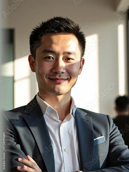 Fototapeta Photorealistic portrait of a man in a modern office with soft daylight and minimalist decor, confident and approachable expression, professional business photography style
