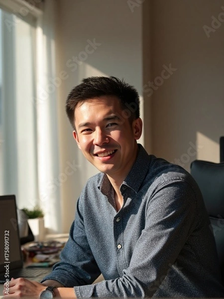 Fototapeta Photorealistic portrait of a man in a modern office with soft daylight and minimalist decor, confident and approachable expression, professional business photography style
