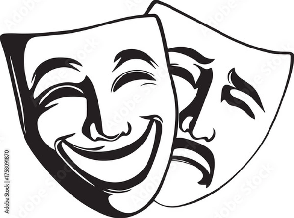 Fototapeta Comedy and tragedy theater masks vector illustration for drama, performance, and stage art themes