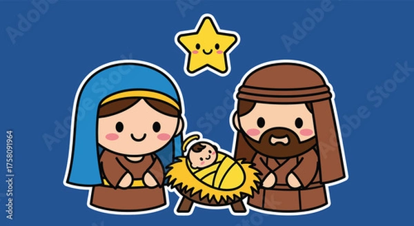 Fototapeta Cartoon nativity scene depicting mary, joseph, and baby jesus in a manger under a shining star, conveying the christmas story with a joyful and peaceful mood.