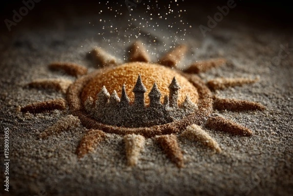 Fototapeta Sun shape sculpted from sand with a miniature castle silhouette and falling sand particles