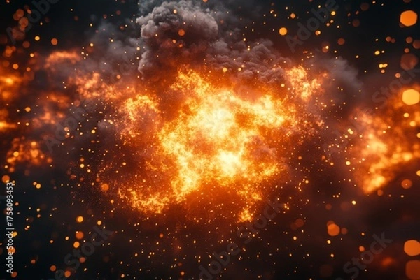 Fototapeta Bright orange explosion with smoke and glowing particles against a dark background