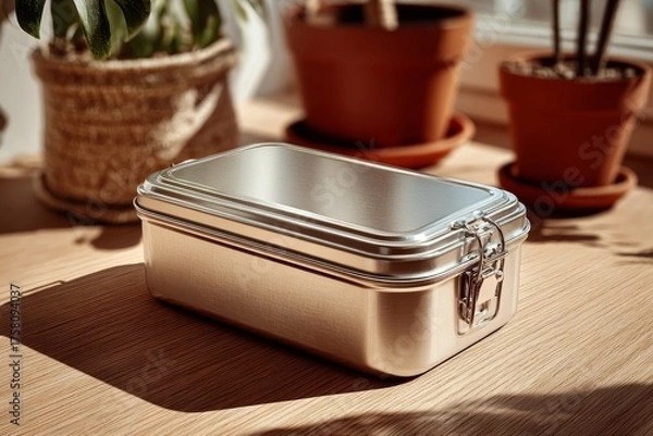 Fototapeta A brushed metal lunchbox with latches sits on a wooden surface with potted plants in the background