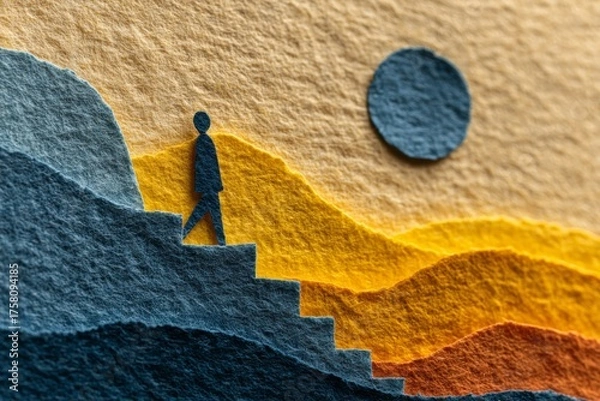 Fototapeta Silhouette of a person ascending steps in a layered landscape under a round sun