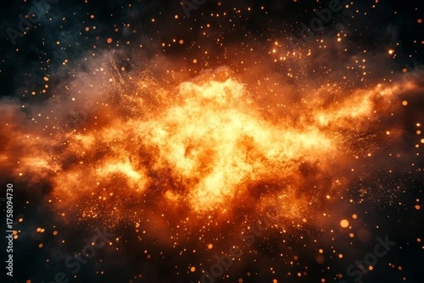 Fototapeta Fiery explosion of bright orange and yellow light with swirling smoke and glowing embers