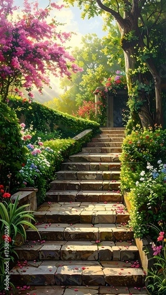 Fototapeta Stairway to Serenity - A Lush Garden Path.
