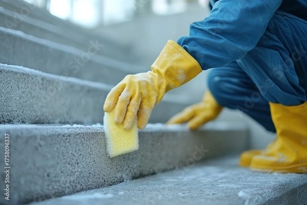 Obraz Person in yellow gloves cleaning a snowy concrete staircase winter scrubbing