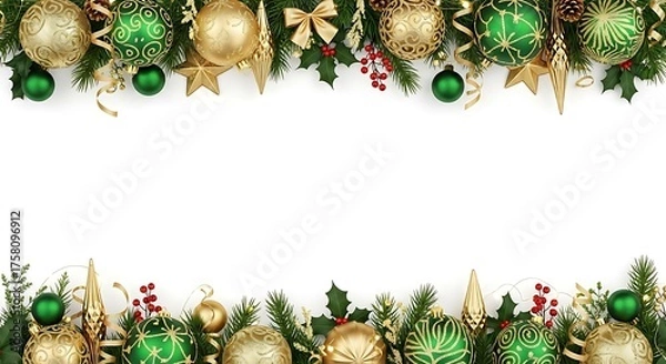 Obraz Festive Christmas garland with green and gold ornaments, holly berries, and pine needles on a white background.