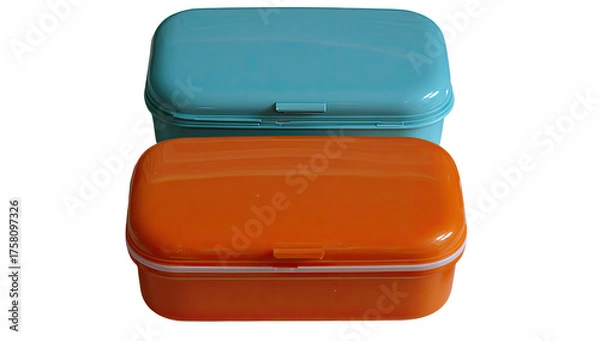 Fototapeta Two colorful, rectangular plastic containers, light teal and orange, stacked vertically