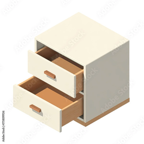 Fototapeta Isometric view of a small, two-drawer cabinet with open drawers, isolated on black