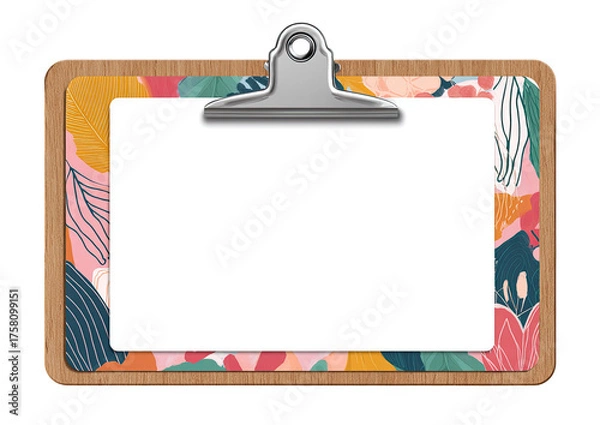 Fototapeta A wooden clipboard holds a blank white sheet with colorful floral patterns on edges