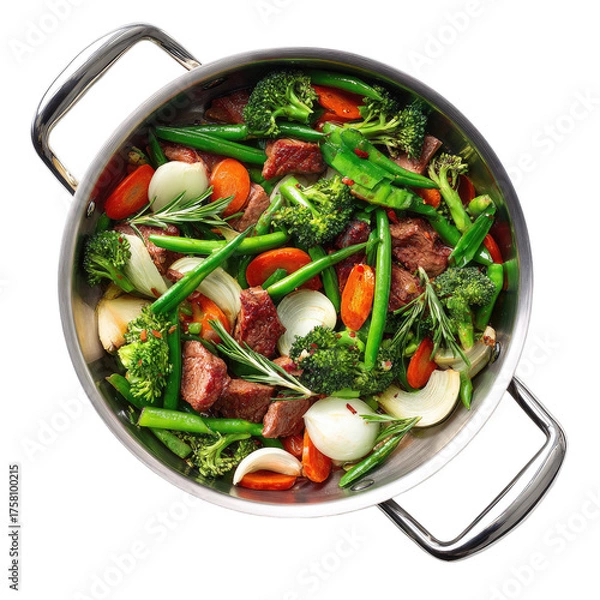 Fototapeta Overhead shot of a stainless steel pot filled with a colorful, healthy stir-fry