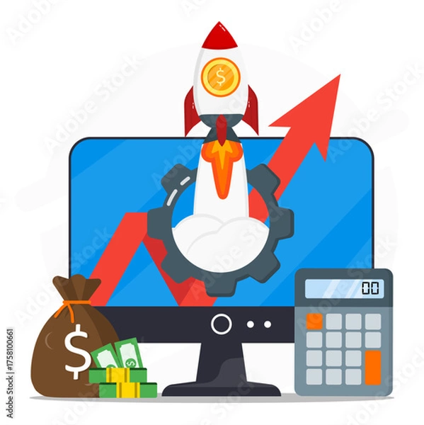 Fototapeta Web development to sales growth concept. Business strategy optimizing on rocket with coins symbol launching from big gear computer screen. Marketing plan with money bag, dollar, arrrow and calculator.