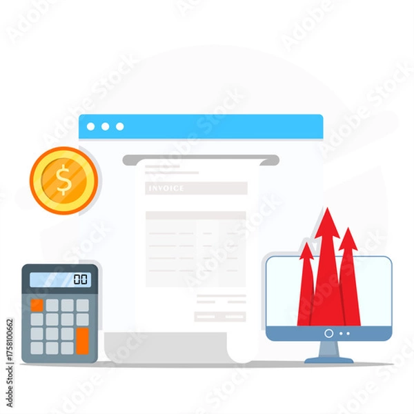 Fototapeta Illustration of invoice document with calculator, dollar coin, and monitor showing rising arrows, symbolizing business growth, financial success, and increasing revenue.