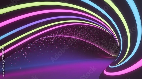 Obraz Abstract Neon Tunnel with Particle Effects and Glowing Light Trails in a Futuristic Cyberpunk Atmosphere