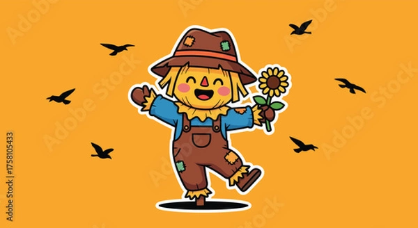 Fototapeta Happy scarecrow holds sunflower in autumn field surrounded by birds, celebrating harvest season with cheerful and whimsical charm.