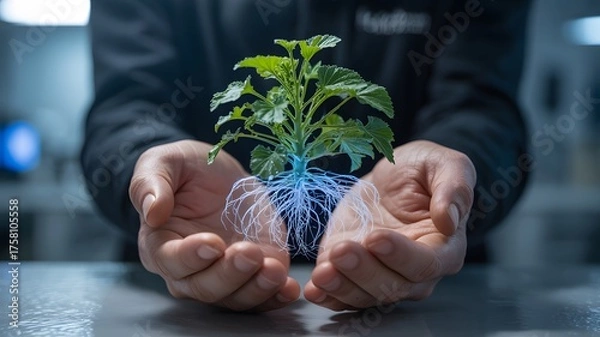 Fototapeta Nurturing a Young Green Plant with Water and Vitality Represented by Glowing Roots in Caring Hands Symbolizing Growth and Sustainable Agriculture