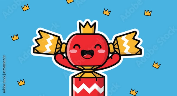 Fototapeta Happy candy character celebrates with a crown, surrounded by floating crowns against a bright blue backdrop, creating a playful and joyful atmosphere.