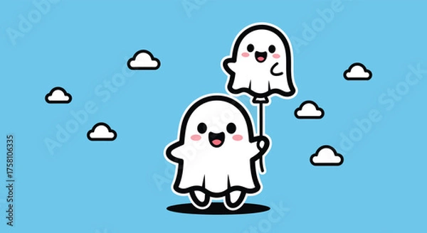 Fototapeta Cute ghost floats with balloon ghost in a bright blue sky with fluffy clouds, creating a whimsical and cheerful scene.