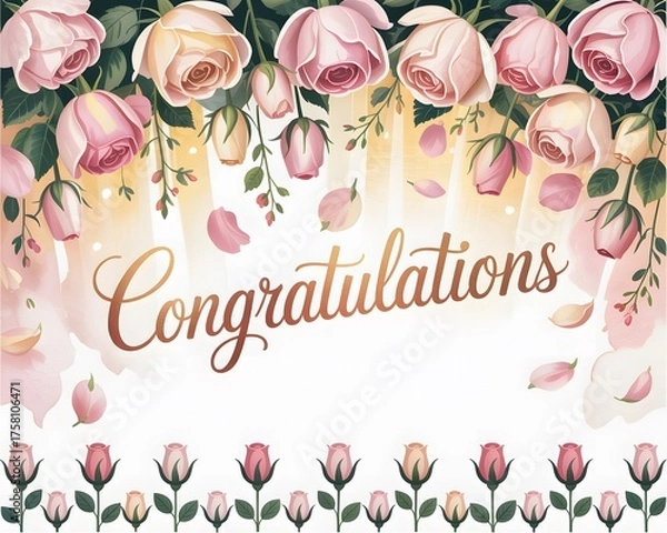 Obraz Elegant Floral Congratulations Card Featuring Delicate Roses in Bloom with Soft Golden Lighting and Falling Petals Creating a Romantic and Celebratory Atmosphere for Special Occasions