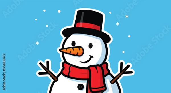 Fototapeta Smiling snowman wearing a red scarf stands against a blue snowy backdrop, radiating winter cheer and holiday spirit.