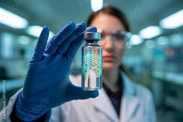 Obraz Scientist wearing protective gloves and glasses holding a vial containing a glowing molecular structure in a research laboratory