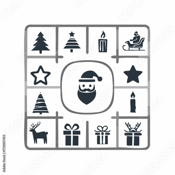 Obraz Simple line art Christmas icons collection featuring Santa Claus, gifts, tree, candle, star, sleigh, and reindeer symbols for festive vector design and decoration 