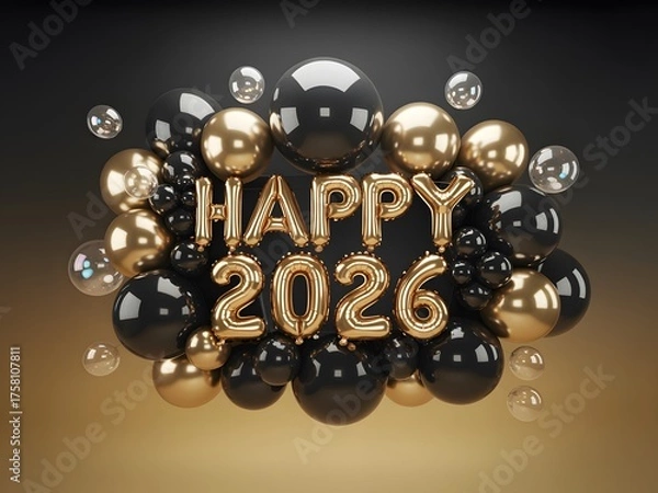 Fototapeta Elegant Golden and Black Balloons Embellish the Festive Happy 2026 New Year Celebration Design with Bubbles and Dark Gradient Background