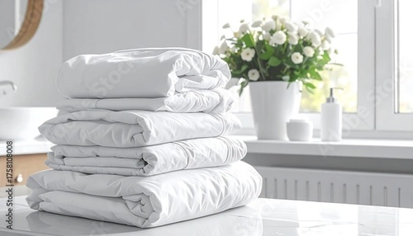 Obraz Stack of Fresh White Linens on a Marble Countertop with Flowers.