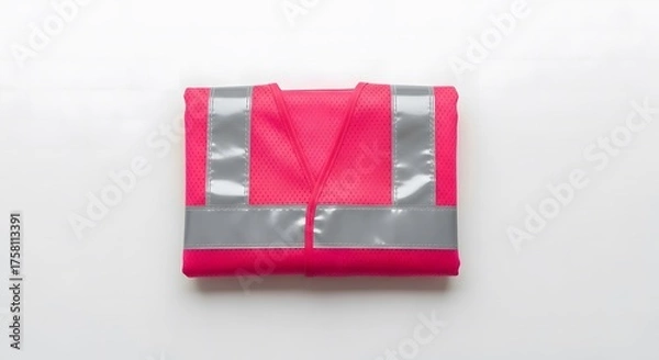Obraz Folded bright pink high-visibility safety vest with reflective silver stripes, essential personal protective equipment for enhanced visibility and safety on job sites