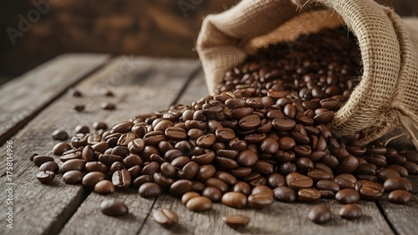Fototapeta A Burlap Sack Spills Roasted Coffee Beans onto a Rustic Wooden Table Creating an Aromatic and Inviting Scene for Morning Brew Enthusiasts Around the World