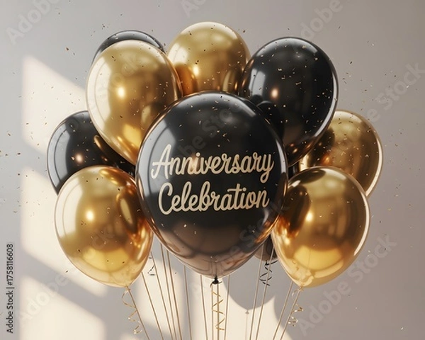 Obraz Elegant Anniversary Celebration With Luxurious Gold and Black Balloons Adorned With Sparkling Confetti Creating a Festive Atmosphere