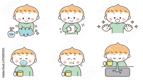 Obraz 手洗い･うがいをする男の子のイラストセット