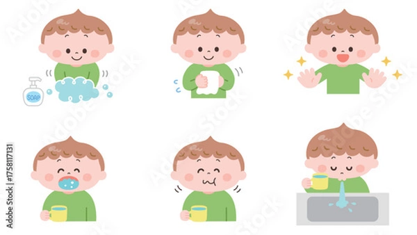 Obraz 手洗い･うがいをする男の子のイラストセット
