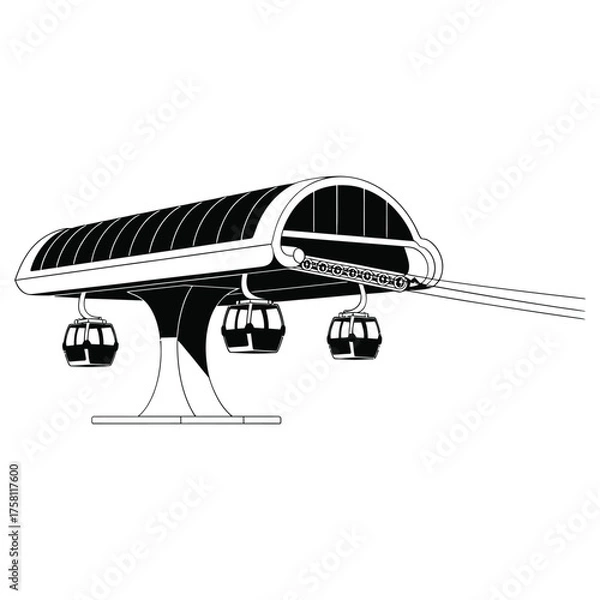 Fototapeta Modern gondola station with suspended cabins and cableway