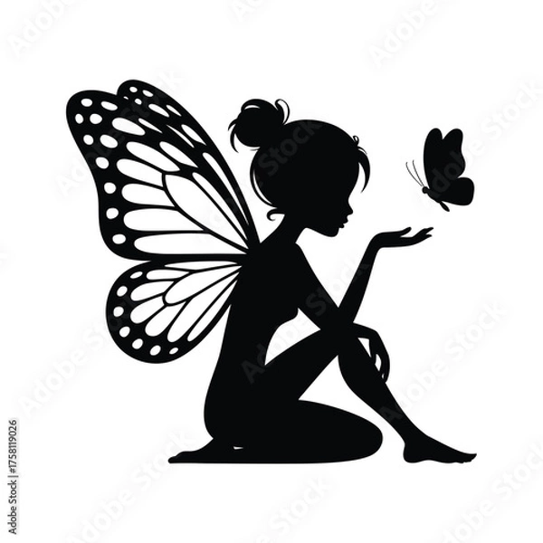 Fototapeta Silhouette of a fairy with butterfly wings interacting with a butterfly