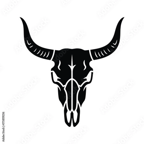 Fototapeta Black silhouette of a bull skull with long curved horns