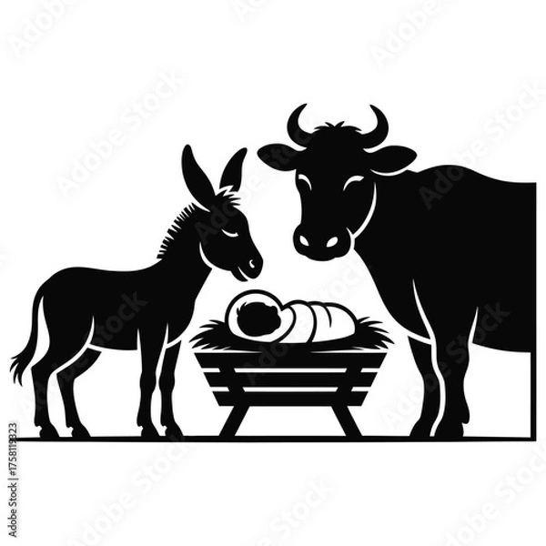 Fototapeta Nativity scene silhouette with donkey cow and baby jesus