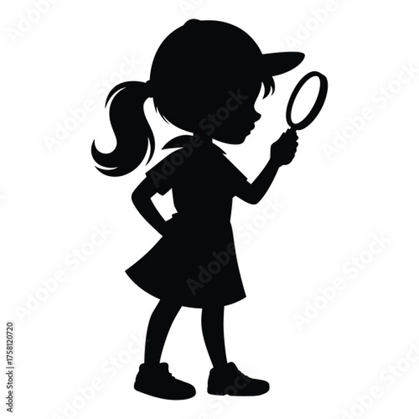 Fototapeta Silhouette of a young girl detective with a magnifying glass