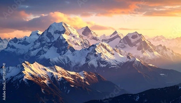 Fototapeta Majestic snow-capped mountain range bathed in the warm glow of a sunrise or sunset, with dramatic clouds in the sky.