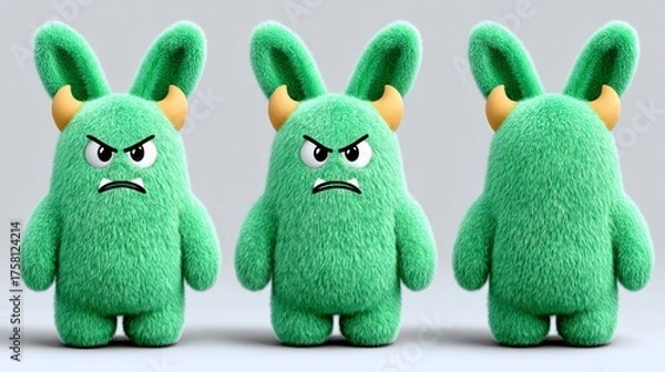 Fototapeta Three green stuffed animals with horns and angry faces. The first one is on the left, the second one is in the middle and the third one is on the right