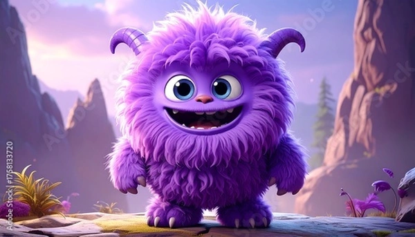 Obraz Whimsical Purple Monster Character in a Fantasy Landscape, Smiling.
