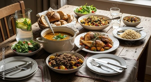Obraz Overhead shot of a rustic wooden table laden with healthy dishes, including salad, soup, roast chicken and grain bowls, for a nutritious meal. Concept for family gathering and healthy eating