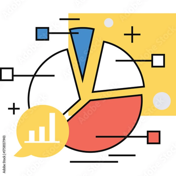 Fototapeta Pie Chart Graphic Representing Business Growth and Data Analysis with Yellow and Red Sections and Abstract Shapes in Background