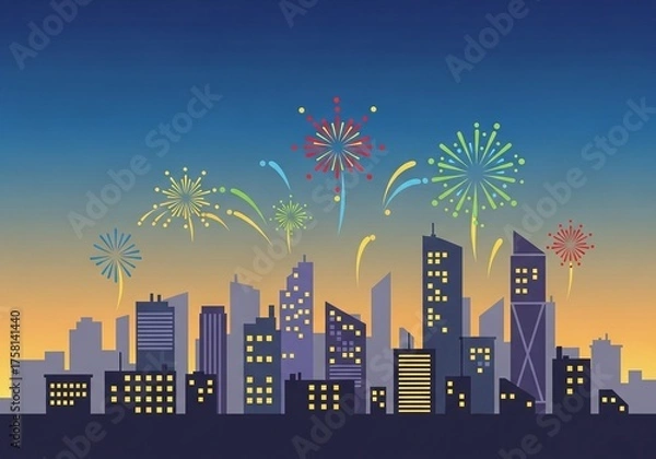 Obraz Celebration City Fireworks Display Over a Modern Skyline at Dusk