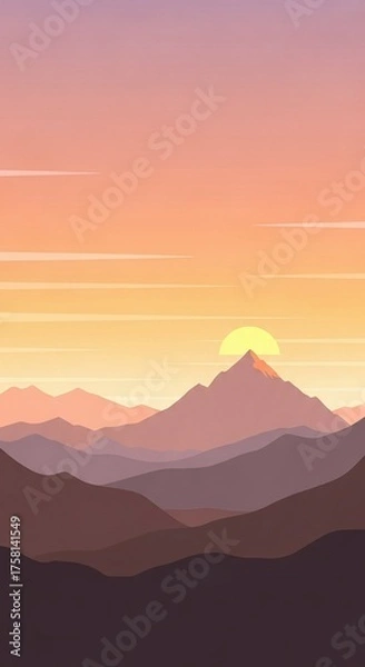 Obraz Serene flat design mountain landscape illustration at tranquil sunset with warm gradient sky and minimalist style
