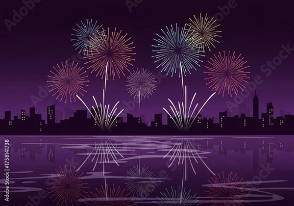 Obraz Vibrant fireworks illuminate a serene cityscape with stunning water reflections, celebrating a grand event
