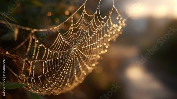 Obraz Spider web with transparent dew at dawn