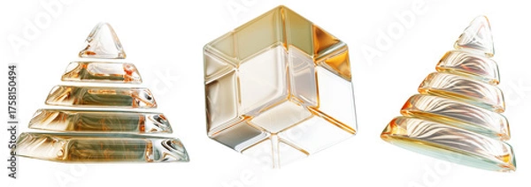 Obraz Gold glass triangle, cube and cone 3d render icon set. Abstract golden transparent geometric shapes - egyptian pyramid, crystal block, christmas pine tree, isolated decor elements