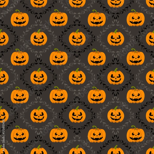 Fototapeta Orange jack o lantern halloween pattern. Cute carved pumpkin seamless design. Festive spooky background for textile, print, holiday.